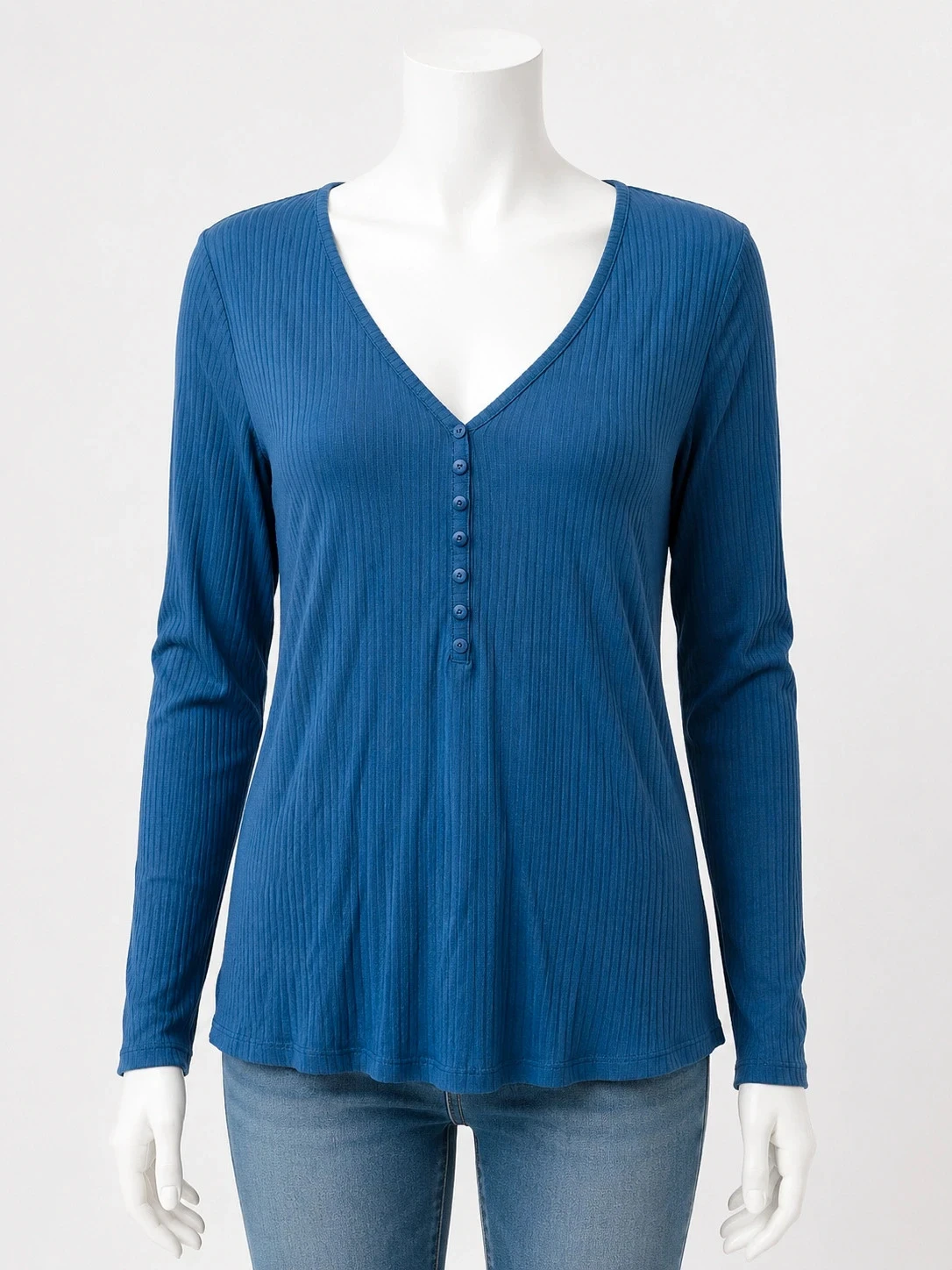 T-shirt femme Camaïeu bleu côtelé manches longues col V – Taille L – Neuf avec étiquette